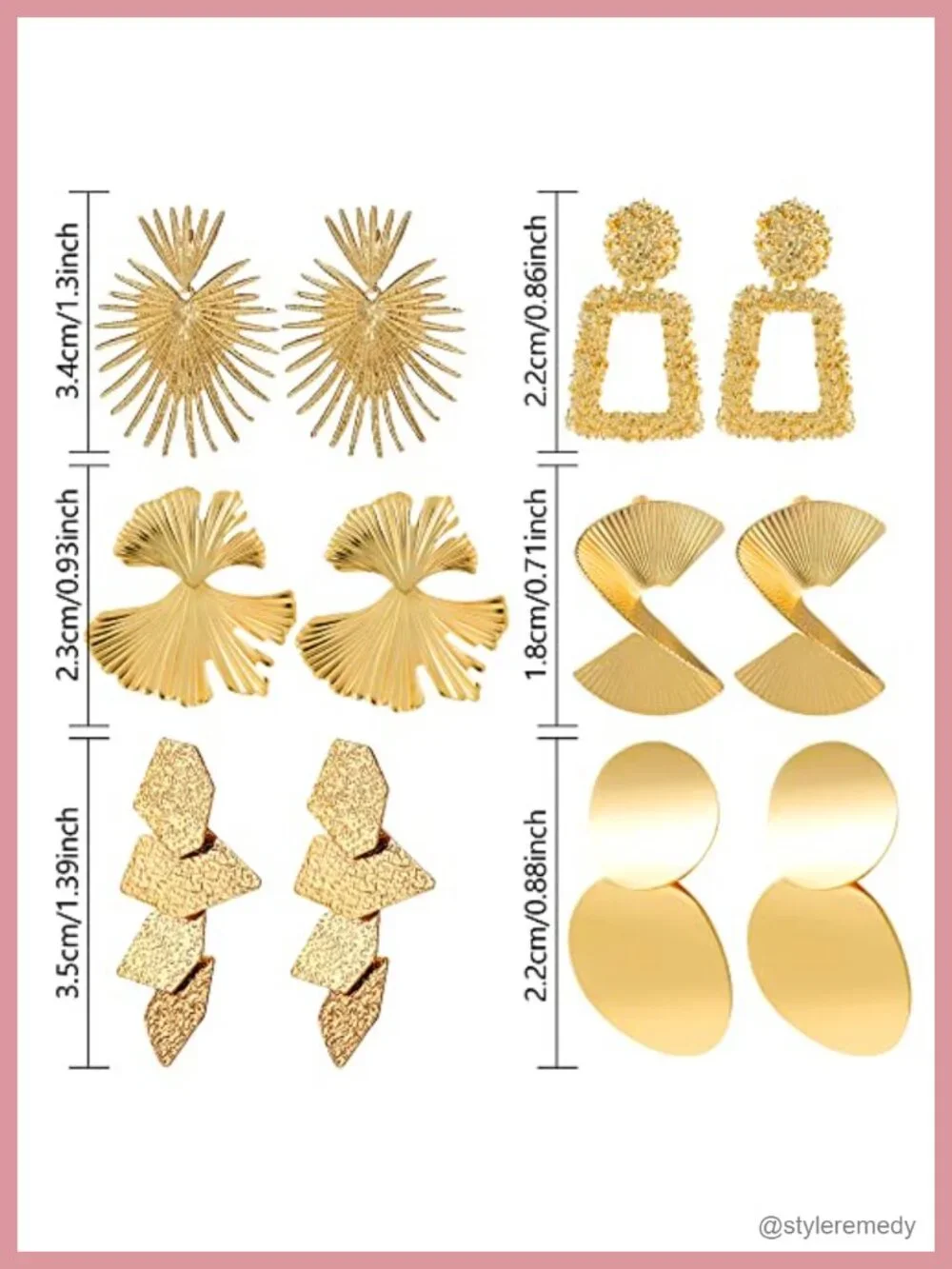6 Pairs Geometric Dangle Earrings Set - Hypoallergenic Gold Plated